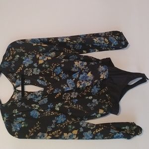 Blue and black floral wrap bodysuit